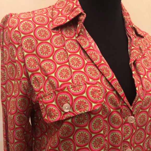 Escapada Tunic Dress Abalone Buttons Citrus Pattern Print Pink Green Size Small - Picture 3 of 14